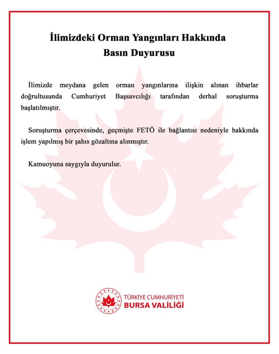 asayisberkemal0's tweet image. Bursa Valiliği: "Orman yangınlarına ilişkin geçmişte FETÖ ile bağlantısı nedeniyle hakkında işlem yapılmış bir şahıs gözaltına alınmıştır."
