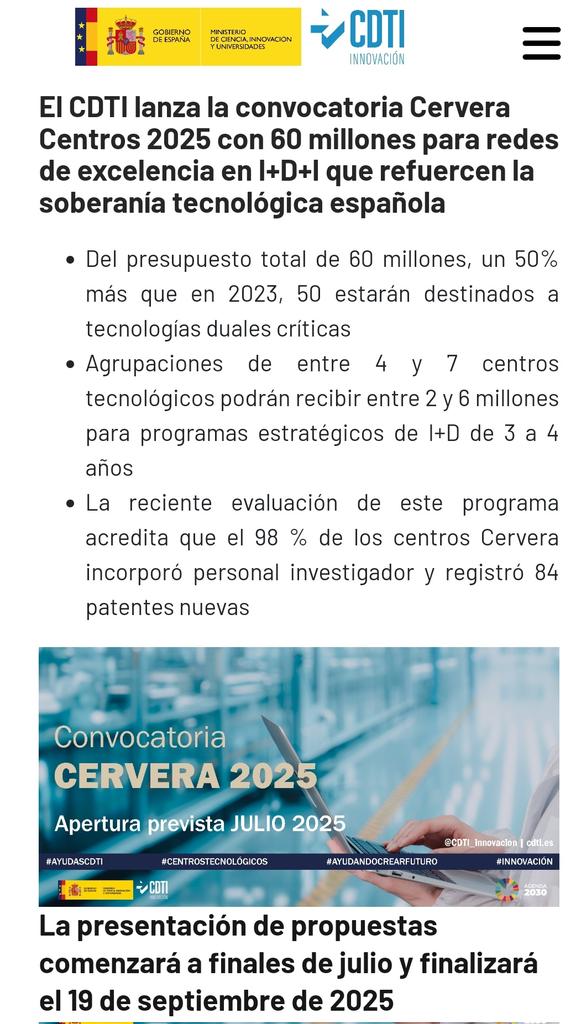 CDTI convoca programa Cervera Centros 2025, 60 M € financiar programas estratégicos de I+D en cooperación de agrupaciones 4-7 centros tecnológicos para impulsar capacidades científico-tecnológicas de frontera y acelerar la transferencia de conocimiento cdti.es/noticias/cdti-…