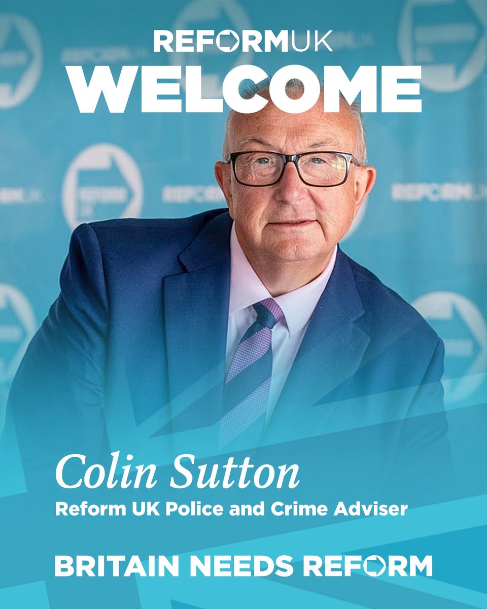 Announcing Colin Sutton as Reform UK’s Police and Crime adviser. 🚨 

Colin was one of Britain’s most effective and respected senior detectives.🕵️ 

He led some of the UK’s most high-profile and complex murder investigations. ✅