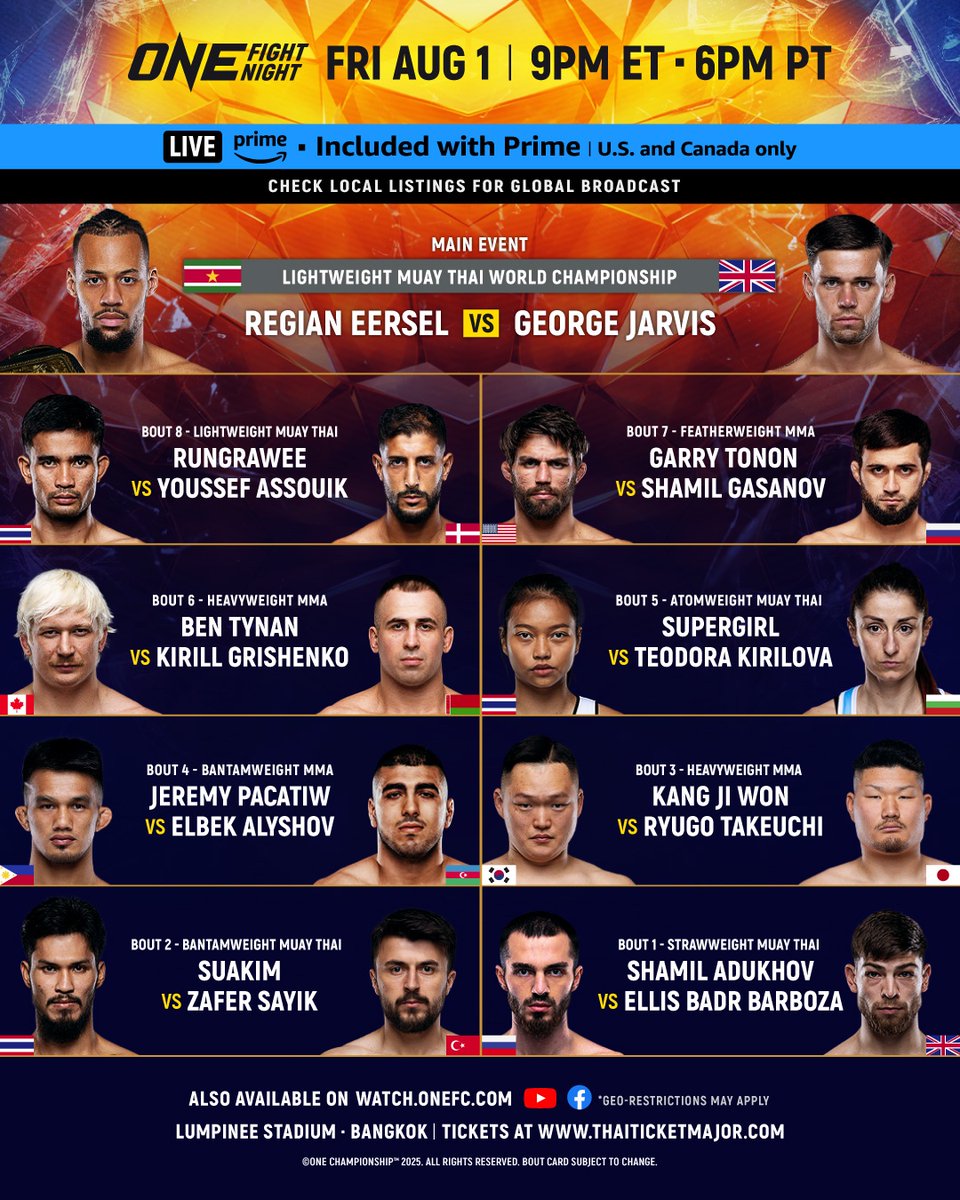 nickatkinone's tweet image. It’s fight week. Here’s the full, updated ONE Fight Night 34 card.
Some big returns in Bangkok – Garry Tonon, Supergirl and Ben Tynan #ONEChampionship
