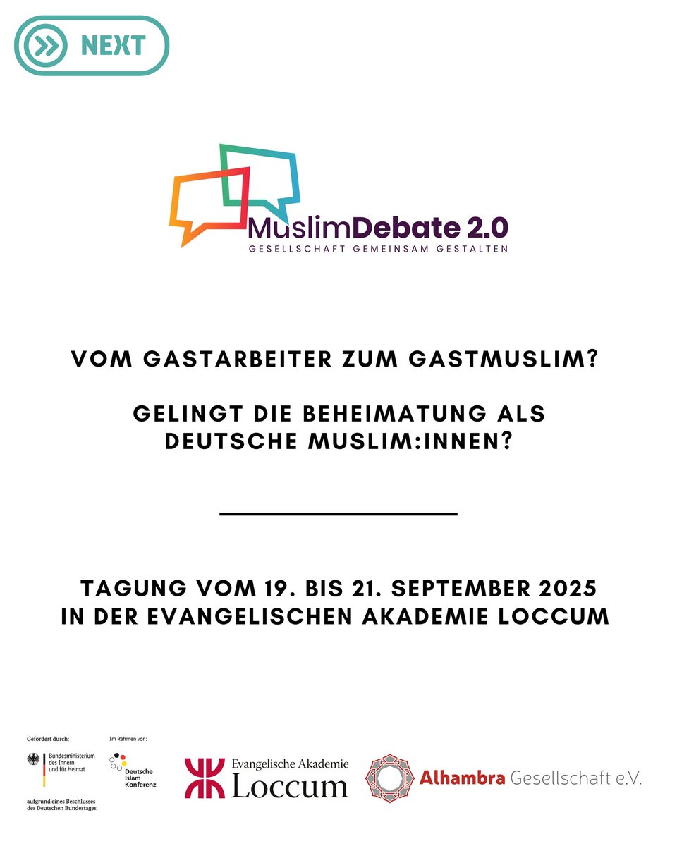 Alhambra_eV's tweet photo. Unsere nächste #MuslimDebate-Tagung zum Thema  "Vom Gastarbeiter zum Gastmuslim? Gelingt die Beheimatung als deutsche Muslim:innen?" findet vom 19. - 21. September 2025 in der Evangelischen Akademie Loccum statt:

Das muslimische Leben in Deutschland begann in den 1960er-Jahren im Zuge der Arbeitsmigration als Provisorium. Über Jahrzehnte hinweg wurde die Präsenz von Muslim:innen – sowohl von den Migrant:innen selbst als auch von der deutschen Politik und Gesellschaft – als vorübergehend wahrgenommen. Diese Perspektive prägte politische Maßnahmen ebenso wie die muslimische Lebensgestaltung.

Vor diesem Hintergrund stellt sich die Frage, ob dieses „Provisorium“ mittlerweile überwunden wurde. Richten sich politische Entscheidungen an die Realität dauerhaft hier lebender Muslime? Und fühlen sich Muslim:innen selbst als beheimatete Deutsche? Oder prägen Annahmen von Fremdheit weiterhin die Außen- und Selbstwahrnehmung?

Wir wollen uns auf unserer Tagung "Vom Gastarbeiter zum Gastmuslim? Gelingt die Beheimatung als deutsche Muslim:innen?" mit den verschiedenen Facetten dieses Themas beschäftigen. Diese Tagung wird in Kooperation mit der Evangelischen Akademie Loccum realisiert.

DieTeilnahme an der Tagung ist nur nach Anmeldung möglich.
Für Informationen zu Übernahme von Fahrt- und Übernachtungskosten schreiben Sie uns eine E-Mail:
info@alhambra-gesellschaft.de

Die Anmeldung erfolgt über diesen Link: https://t.co/2DHAKu5jSS