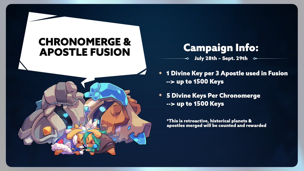 You can now earn Divine Keys through Chronomerging and Apostle Fusion🚨

⏳Promo runs from now - Sept 29
🌏5 Divine Keys per Planet NFT sacrificed in Chronomerging
⚔️1 Divine Key per 3 Apostles fused
🗝️ That's 3000 Divine Keys total - first come, first served!

(1/2)🧵
