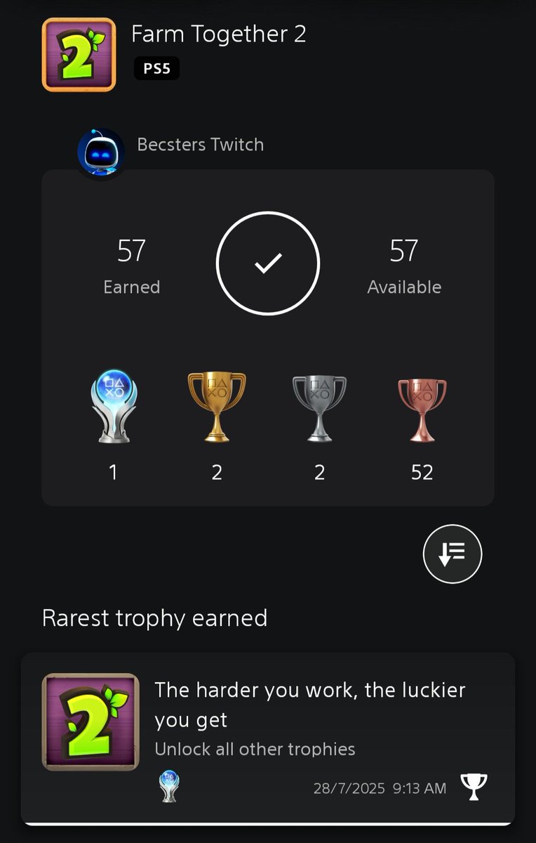 BecstersTwitch's tweet image. Platinum 60 - Farm Together 2 🚜

100% completion on Steam AND platinum unlocked! 🏆

The Farm Together series has meant so much to me over the years ✨️

Thank you to @milkstone for creating such a wholesome and peaceful experience for us farming fans 💚

#platinumtrophy…
