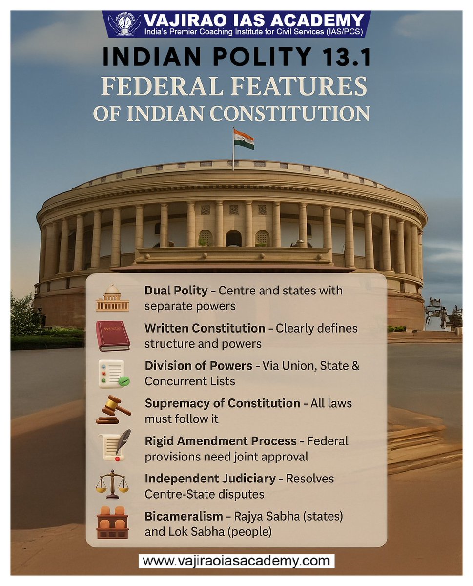 vajiraoias's tweet image. 🇮🇳 India’s Federal Spirit Explained!

#UPSC2025 #IndianPolity #FederalSystem #IASPreparation #VajiraoIASAcademy #KnowYourConstitution #PolitySimplified