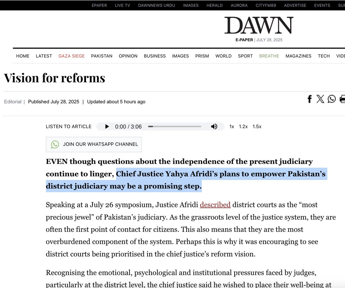 Hamzakk's tweet image. as the BBC and CNN have whitewashed Israel's genocide in Gaza, so has @dawn_com propped up Pakistan's military regime. Here, their editors are praising cosmetic changes within a judiciary which has been subsumed by the govt.—which itself is an extension of the military machine