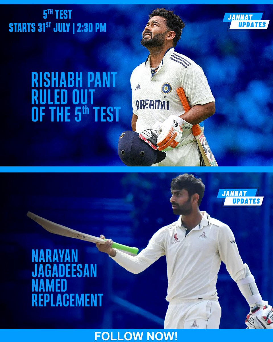JannatUpdates18's tweet image. Rishab Pant confirmed to be replaced by Narayan Jagadeesan.
For the upcoming test match versus England.
#INDvsENG #RishabhPant