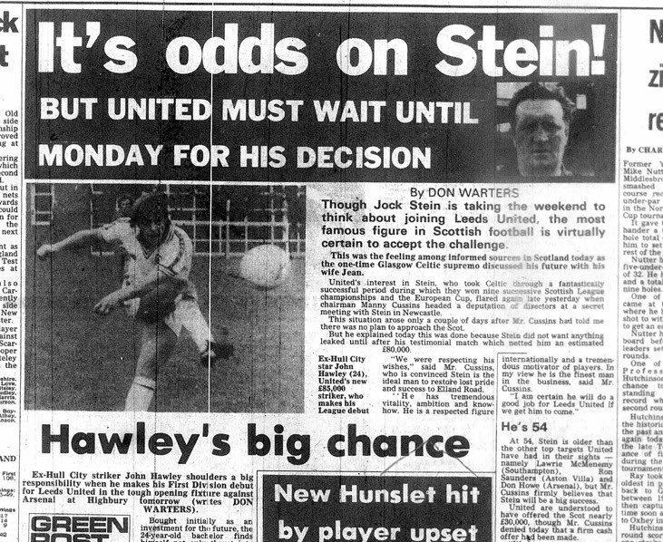 August 1978- news leaks that Jock Stein is Leeds first choice to replace Jimmy Armfield as manager and Manny Cussins has held a ‘top secret meeting’ with him in Newcastle. We had to wait for an answer though while he consulted with his wife Jean..
#LUFC #70sLeeds #ALAW #MOT