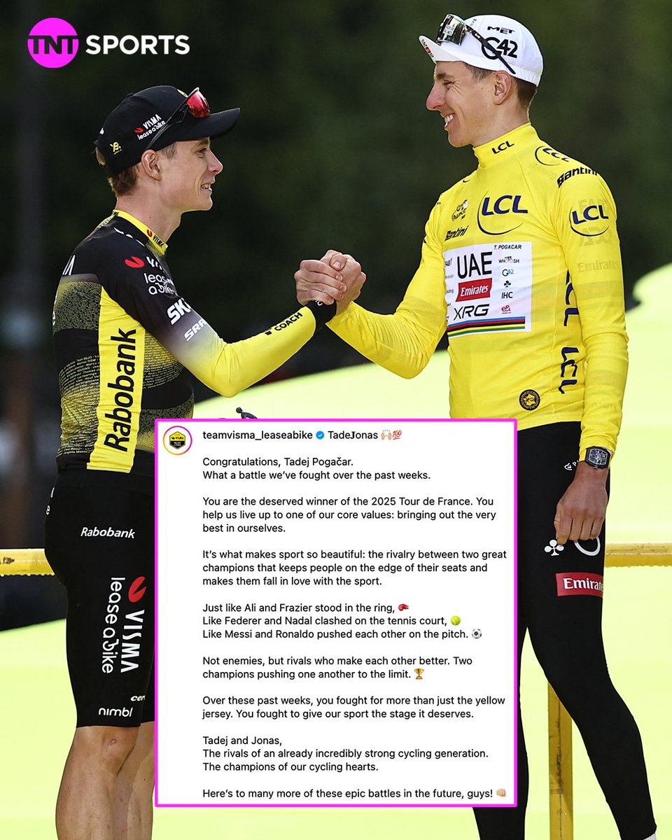 🥊 Ali and Frazier
🎾 Federer and Nadal 
⚽️ Messi and Ronaldo
🚴‍♂️ 𝐏𝐨𝐠𝐚𝐜𝐚𝐫 𝐚𝐧𝐝 𝐕𝐢𝐧𝐠𝐞𝐠𝐚𝐚𝐫𝐝

A beautiful message from Visma-Lease a Bike on one of the greatest sporting rivalries we will ever see 🥹💛