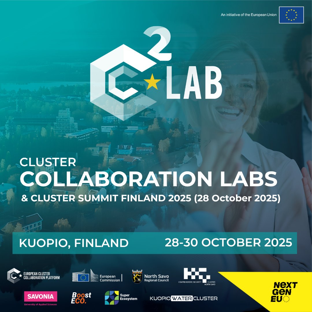 Clusters_EU's tweet image. Registration is OPEN for #ClusterSummitFinland & #C2Lab 2025!🇫🇮
📍Kuopio, Finland | 📅 28–30 Oct
🤝Meet partners, pitch EU project ideas, co-create proposals!
💡Focus: Water, Security, Agrifood, AI, Raw materials & more
🔗Register: clustercollaboration.eu/content/cluste…
#ECCP