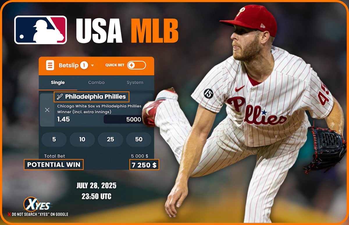 Xyes_com's tweet image. ⚾️ MLB Betslip Highlight: Chicago White Sox vs Philadelphia Phillies!
Will the Sox surprise or can the Phillies dominate the diamond?🔥Place your bets now at 👉xyes.com/referrals/4p6x0
#MLB2025 #WhiteSoxVsPhillies #XyesSports