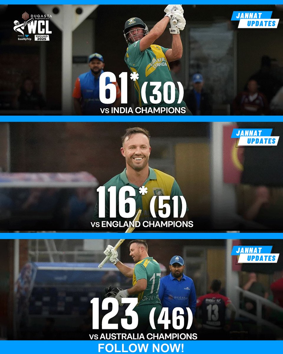 JannatUpdates18's tweet image. AB De Villiers highlights greatness with back to back  Centuries and a Half.
#ABdeVilliers #WCL2025