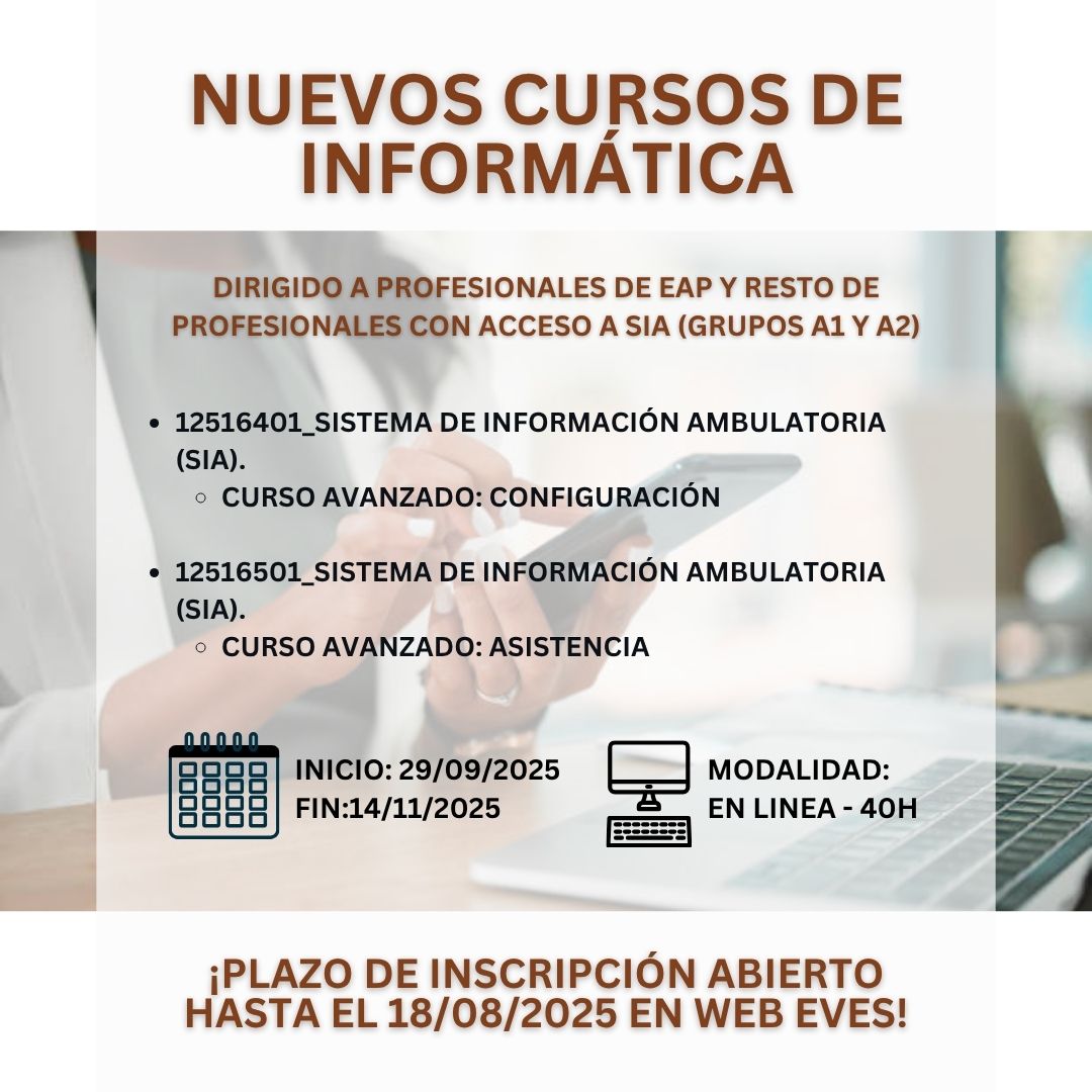 Abierto el plazo de inscripción hasta el 18/08/25 en la web de EVES para dos cursos avanzados sobre el Sistema de Información Ambulatoria (SIA), en línea (40h), dirigidos a profesionales de EAP y personal con acceso a SIA (grupos A1 y A2).

#EVES #Formacion #SanidadDigital