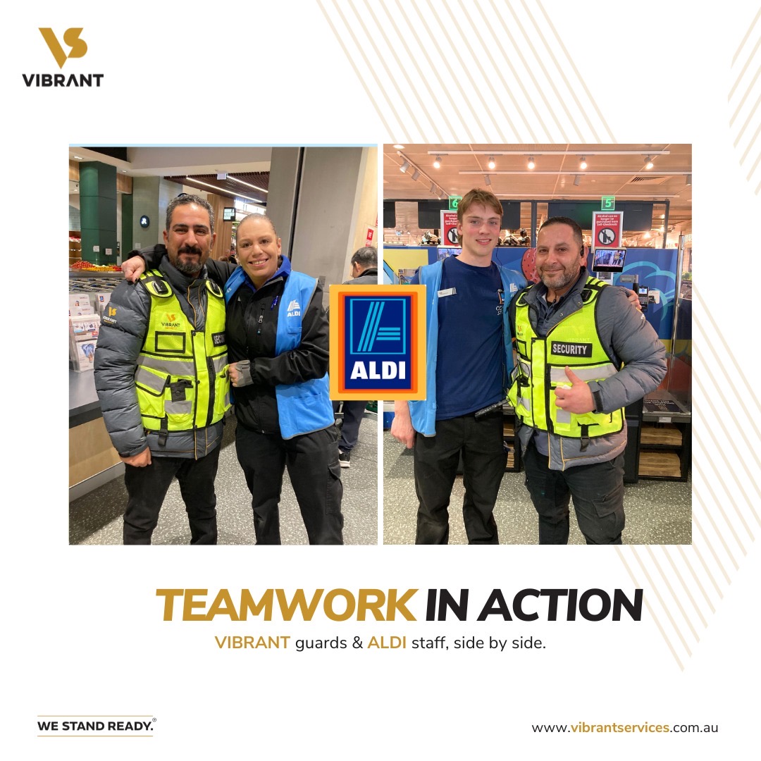 At VIBRANT, we believe great security goes beyond vigilance — it’s about teamwork, communication, and service with a smile.
Proud to see our guards working hand in hand with ALDI staff to create a safe and welcoming environment.

#VIBRANT #ALDI #WeStandReady