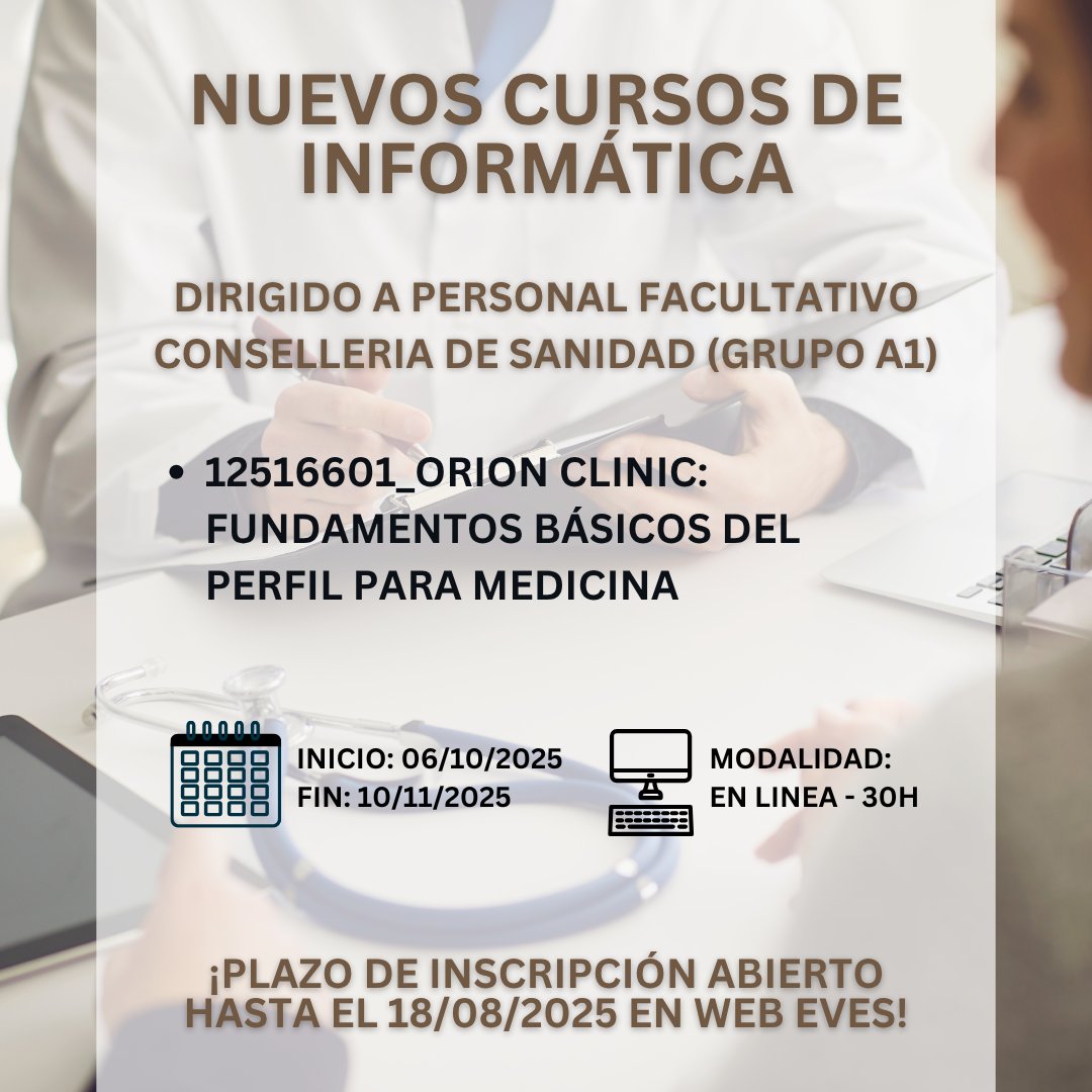 La #EVES ofrece el curso online "ORION CLINIC: Fundamentos básicos del perfil para medicina" (30h), dirigido a personal facultativo (grupo A1). Inicio: 06/10/25. Fin: 10/11/25.

💻Inscripciones abiertas hasta el 18/08/25 en WEB EVES

#EVES #Formacion #SanidadDigital