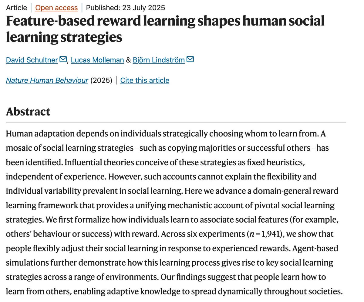 DSchultner's tweet image. 💥 Our new paper (with Lucas Molleman and Björn Lindström) is now out in @NatureHumBehav 
 🥳 nature.com/articles/s4156…

🧠 Here, we advance a novel RL account—the Social Feature Learning (SFL) model—that explains how people learn to learn from others! 🤝

 🧵👇