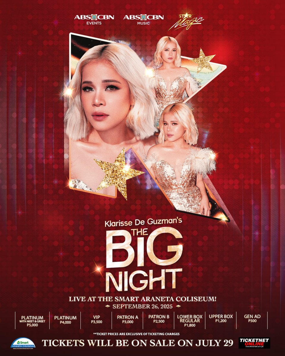 StarMusicPH's tweet image. Oo, bawal ang hindi makapunta sa concert ni mowm! 🎤

Here are the prices and the seat map for @Klarissedguzman&apos;s &quot;The Big Night&quot;  happening live at the Araneta Coliseum on September 26, 2025! 🏟️🎶

Tickets will be available tomorrow, July 29, 12NN via ticketnet.com.ph…