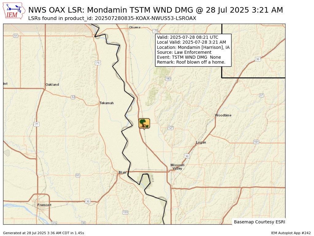 iembot_oax's tweet image. At 3:21 AM CDT, Mondamin [Harrison Co, IA] Law Enforcement reports Tstm Wnd Dmg. Roof blown off a home. #iawx mesonet.agron.iastate.edu/lsr/?by=wfo&amp;amp;wf…