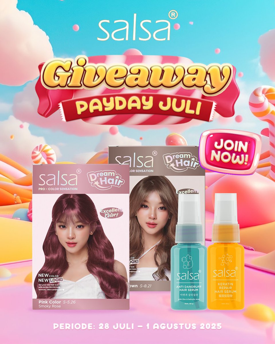 SalsaCosmetic's tweet image. GIVEAWAY SPECIAL PAYDAY 🎨
Sesuai yang paling banyak request 😋 buat kamu yang beruntung akan dapat 2 Hair Color & 1 Hair Serum!😆
Syaratnya:
✨Follow @SalsaCosmetic
✨RT & like postingan di bawah ini
✨Komen "MAU BANGET" 😋
Good luck yaaw!❤️