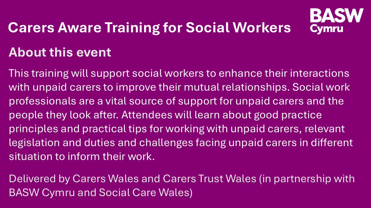 In partnership with <a href="/CarersWales/">Carers Wales</a>, <a href="/CarersTrustWal/">Carers Trust Wales</a> and <a href="/SocialCareWales/">Social Care Wales</a>, this series of events are running between September this year and February 2026.

FREE to ALL social workers across Wales, regardless of BASW membership.

Book now: basw.co.uk/upcoming-basw-…..