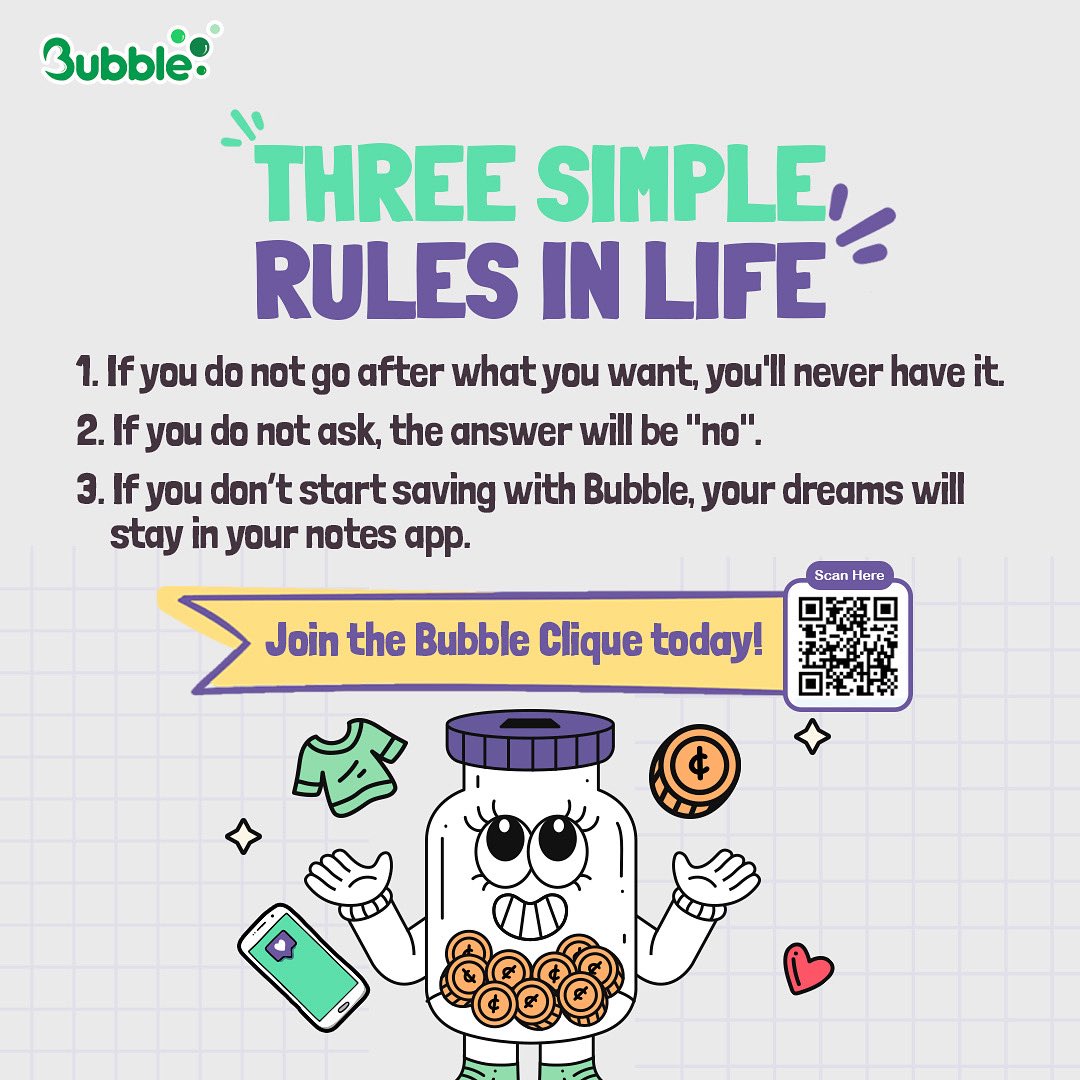 Dream big, save smart! If your goals are stuck in your notes app, it’s time to join the Bubble Clique and bring them to life. Tap in, start saving, and watch those dreams pop! 

#BubbleClique #SaveWithBubble #GenZGoals #BubbleGh