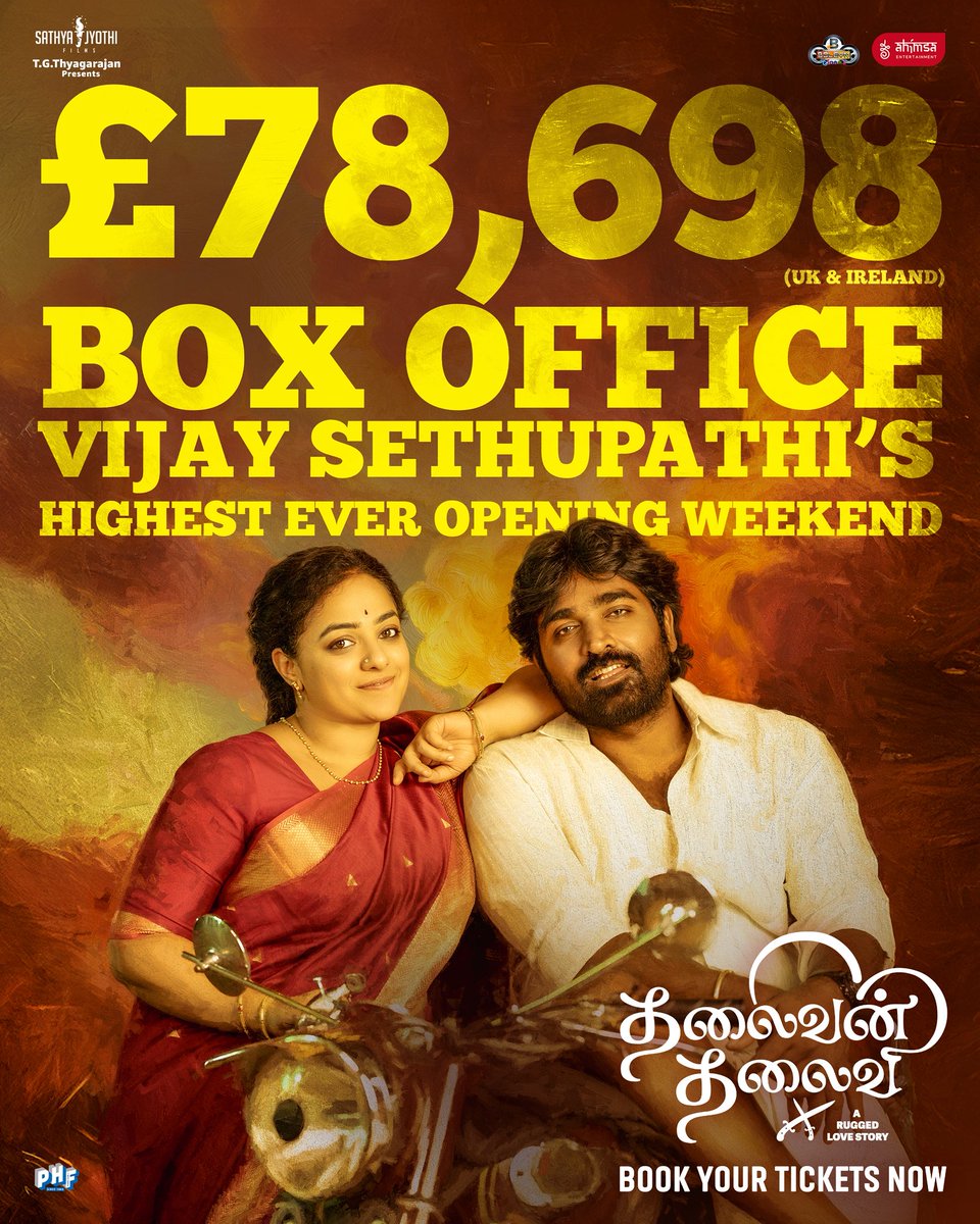 Ahimsa Entertainment (@ahimsafilms) on Twitter photo BIGGEST EVER for VJS in the UK! 🔥🔥 #ThalaivanThalaivii smashes it with £78K+ opening weekend — family audiences have officially given their thumbs up to this entertainer! WINNER! 🙌
<a href="/VijaySethuOffl/">VijaySethupathi</a> <a href="/MenenNithya/">Nithya Menen</a> <a href="/pandiraaj_dir/">Pandiraaj</a> <a href="/iYogiBabu/">Yogi Babu</a> <a href="/Music_Santhosh/">Santhosh Narayanan</a> <a href="/SathyaJyothi/">Sathya Jyothi Films</a> <a href="/PharsFilm/">Phars Film Co LLC</a> BIGGEST EVER for VJS in the UK! 🔥🔥 #ThalaivanThalaivii smashes it with £78K+ opening weekend — family audiences have officially given their thumbs up to this entertainer! WINNER! 🙌
<a href="/VijaySethuOffl/">VijaySethupathi</a> <a href="/MenenNithya/">Nithya Menen</a> <a href="/pandiraaj_dir/">Pandiraaj</a> <a href="/iYogiBabu/">Yogi Babu</a> <a href="/Music_Santhosh/">Santhosh Narayanan</a> <a href="/SathyaJyothi/">Sathya Jyothi Films</a> <a href="/PharsFilm/">Phars Film Co LLC</a>