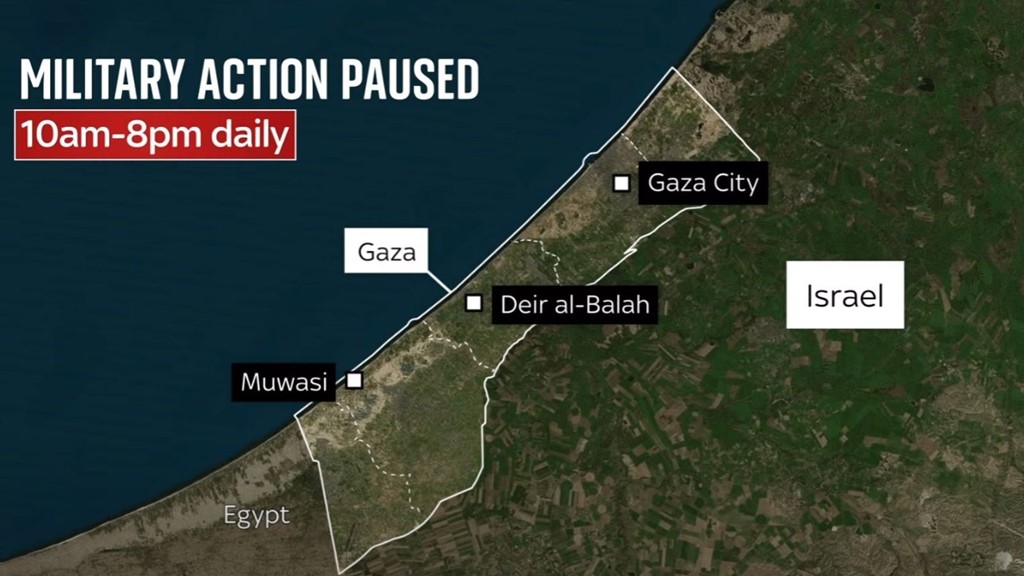 univcoverage's tweet image. IDF pauses fighting in three areas
Israel has begun a 10-hour pause in fighting in three areas of Gaza for a second day.

The IDF said its operations in Muwasi, Deir al Balah and Gaza City would be halted daily from 10am to 8pm local time (8am to 6pm UK time) until further notice