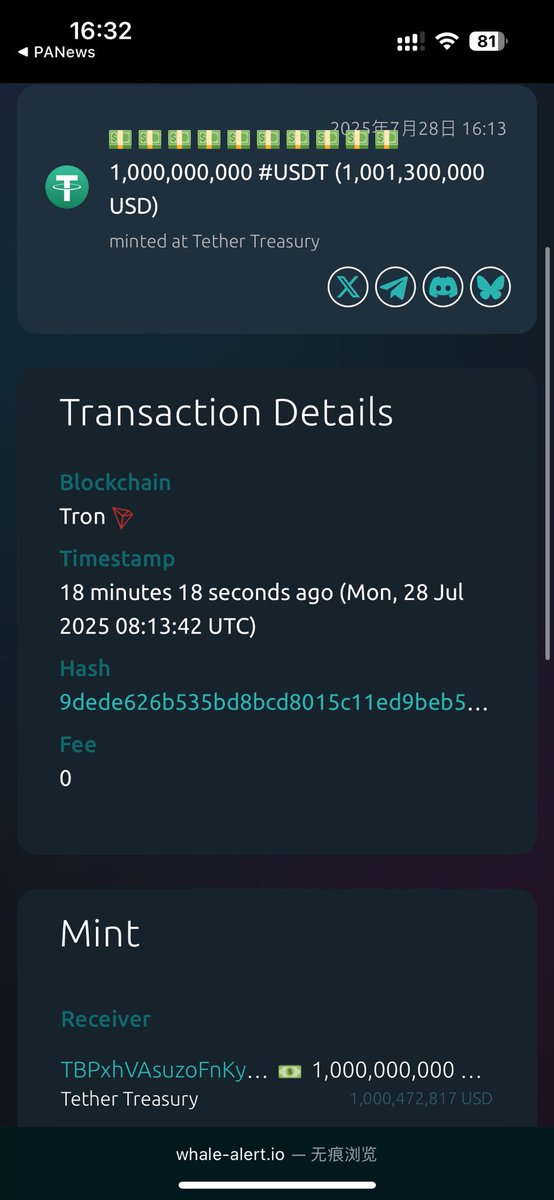 bxiaokang's tweet image. 刚刚，Tether Treasury又在Tron上铸造了10亿枚USDT