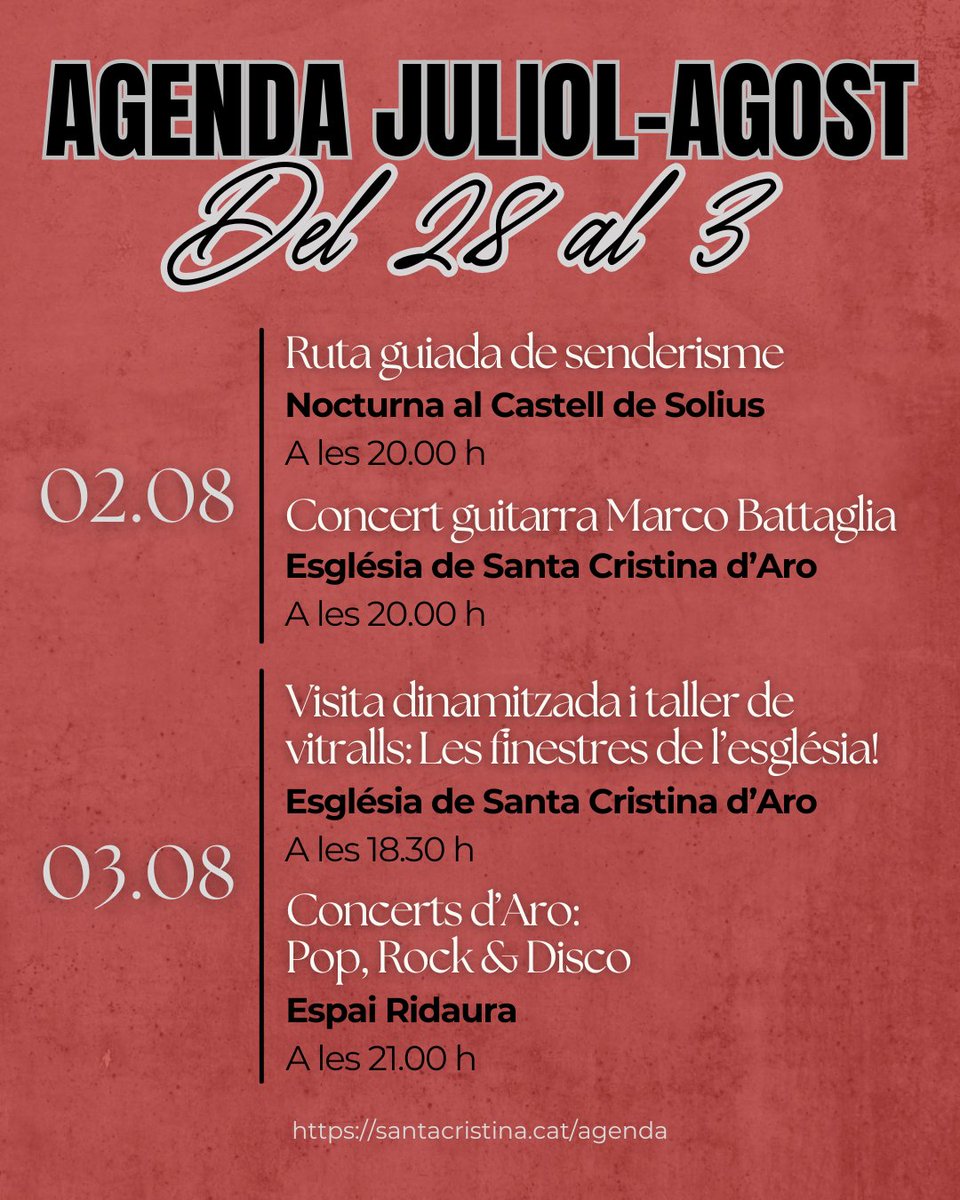 📣 Ja teniu disponible l'agenda amb les activitats programades per aquesta setmana, del 28 de juliol al 3 d'agost, a Santa Cristina d'Aro!

📲 Podeu consultar la programació completa del mes a santacristina.cat/actualitat/age…

#santacristinadaro #santacristina #agenda #juliol #agost