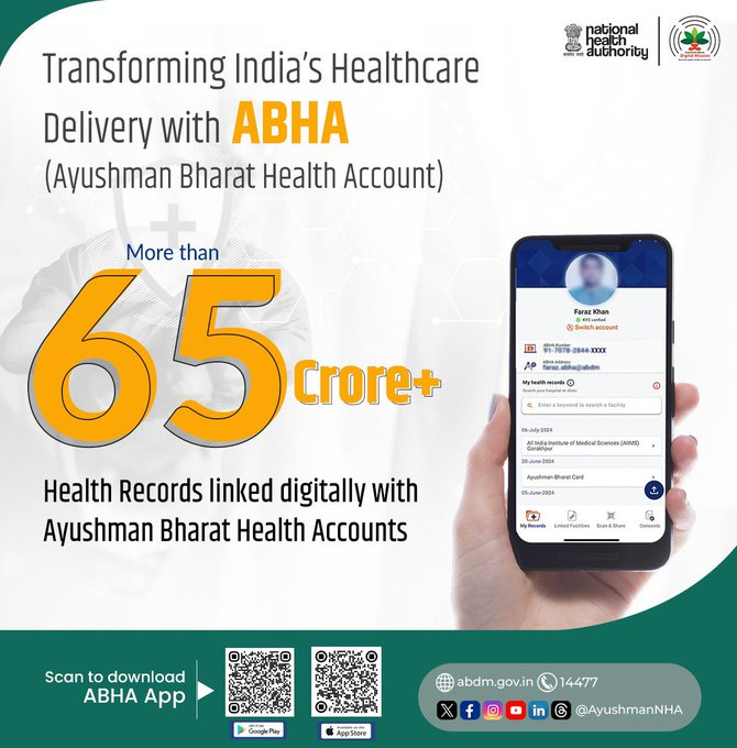 irushikeshpatel's tweet image. Over 65 crore health records, securely linked and just a tap away!
With your ABHA account, your medical history stays with you: digitally, safely, and always accessible.
#ABDMmilestones #DigitalHealthIndia