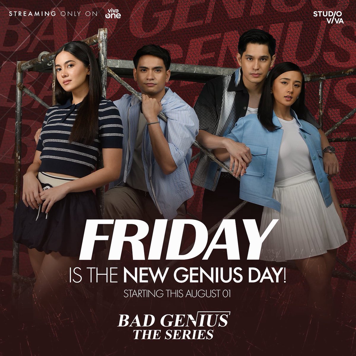 StudioVivaPH's tweet image. ❌ Thursday
✅ Friday

From Thursday to Friday — mas GENIUS, mas MAANGAS, dapat mong TUTUKAN! #BadGeniusTheSeries streams every FRIDAY na!

Catch every episode of BAD GENIUS: THE SERIES, tuwing BIYERNES na —only on Viva One!

#BadGeniusPh
#StudioViva