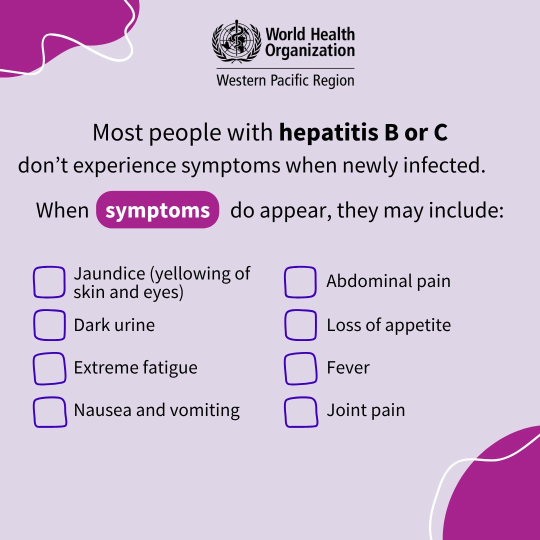 #Hepatitis often shows no symptoms until it’s advanced.

Be aware of signs like:

Jaundice (yellowing of the skin and eyes)
Dark urine
Fatigue
Nausea and vomiting
Abdominal pain
Loss of appetite
Fever
Joint pain

See your health provider if you experience any of these symptoms.