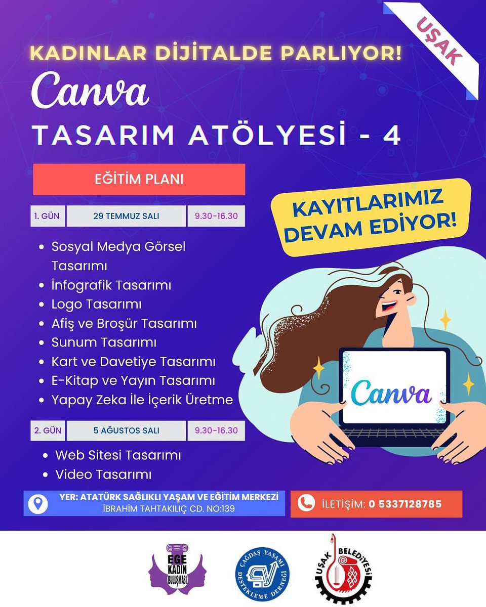 usakbld's tweet image. 💻✨ Kadınlar Dijitalde Parlıyor!

Ege Kadın Buluşması Platformu, Çağdaş Yaşamı Destekleme Derneği ve Belediyemiz iş birliğiyle Atatürk Sağlıklı Yaşam ve Eğitim Merkezi’nde hayata geçirilen “Kadınlar Dijitalde Parlıyor” eğitim programımız için kayıtlar devam ediyor.

👩‍💻…