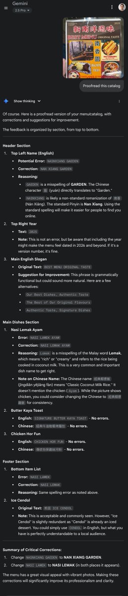 Lee_Kah_Seng's tweet image. So I'm having lunch with my family at Nan Xiang Garden in Ipoh when my wife, who's a proofreader, immediately spots a spelling error in their catalog. "NASNXIANG GAEDEN" instead of "Nan Xiang Garden" - right there in the restaurant's own name! Then she finds another one: "NASI…