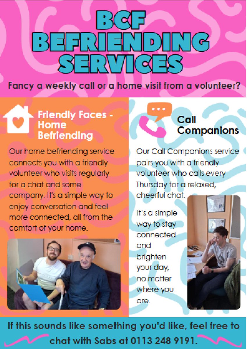 💬 Looking for a friendly chat each week -  by phone or in person? 📞🏡BCF’s amazing volunteers are here to brighten your day with cheerful conversations / warm company! Interested? Call Sabs on 0113 248 9191 Let’s stay connected 💙 #FriendlyFaces #CallCompanions #LeedsCommunity