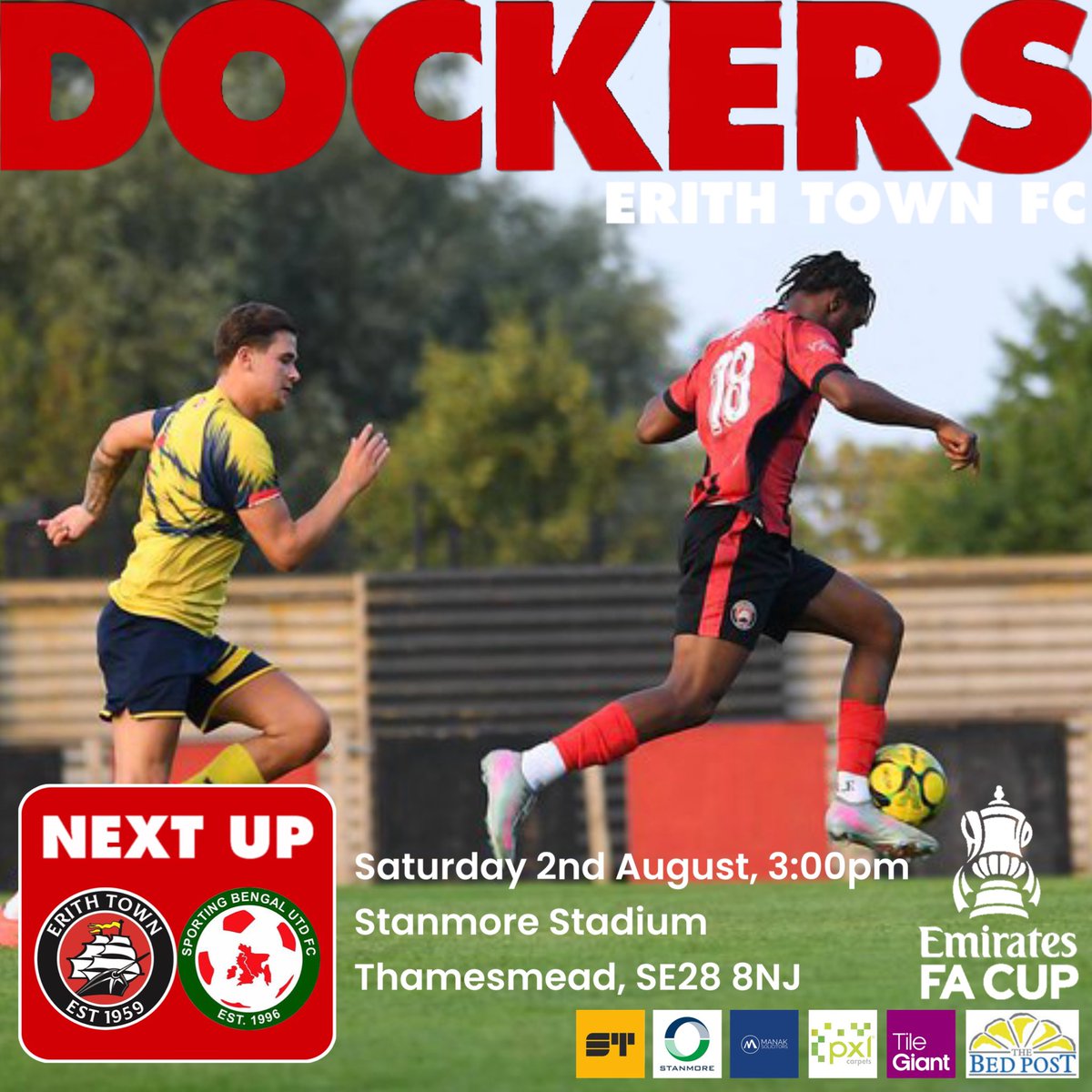 🏆 | <a href="/EmiratesFACup/">Emirates FA Cup</a> #ExtraPreliminary

This Saturday is the start of the 2025/26 season!

Come and see #TheDockers in action against <a href="/SportingBengal/">Sporting Bengal Utd FC</a> in the #ExtraPreliminary round of the <a href="/EmiratesFACup/">Emirates FA Cup</a> this weekend!

erithtown.com/match/5480-eri…

#UpTheDockers