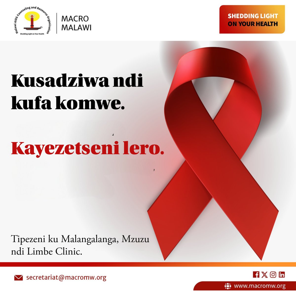 Kodi mukudziwa HIV status yanu?
Musadikilire zizindikiro. Kayezetseni HIV lero ku MACRO! Zaulere. Zachinsinsi. Zosavuta.
#Kayezetseni#
#DziwaniStatusYanu#