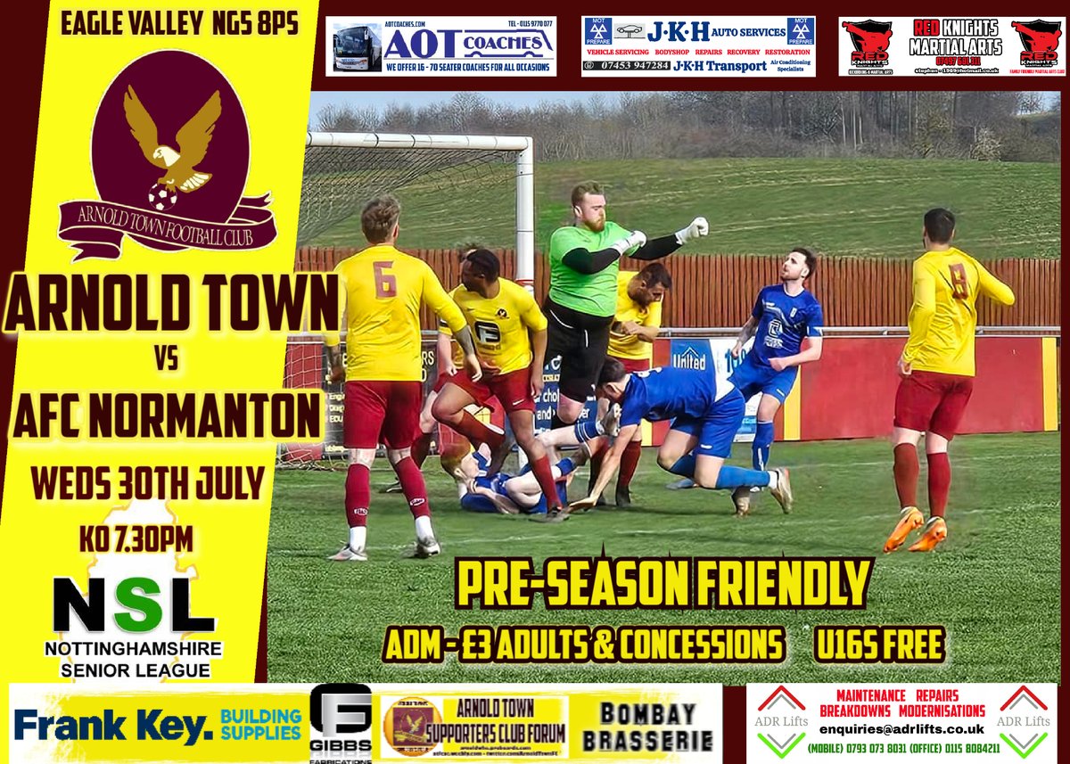 Pre-Season action at Eagle Valley this Wednesday 30th July - kick off is 7.30pm against AFC Normanton - adm £3 - U16's FREE
C'mon the Arna!  Support the Eagles