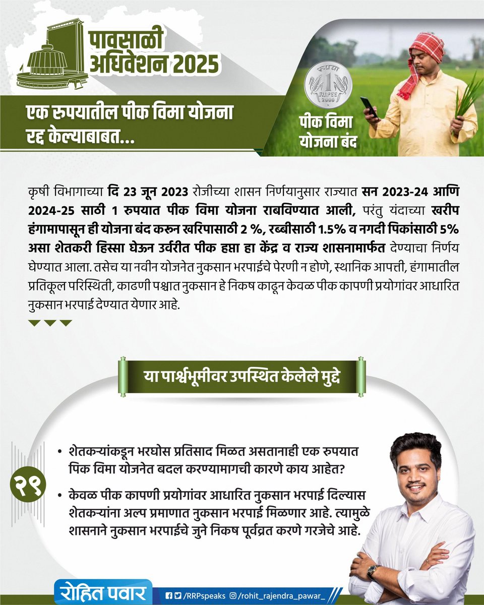 RRPSpeaks's tweet image. 'एक रुपयात पीकविमा' ही योजना रद्द केल्याबाबत...
#MonsoonSession2025
#पावसाळीअधिवेशन२०२५