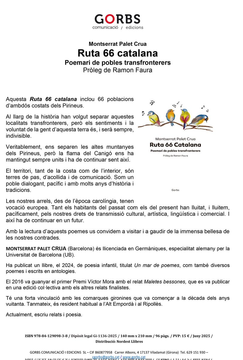 Acabem d'editar un llibre, amb pròleg de Ramon Faura, en el que Montse Palet ha poetitzat 66 pobles de Catalunya d'una banda i d'altra de la frontera. Una bona lectura estiuenca!