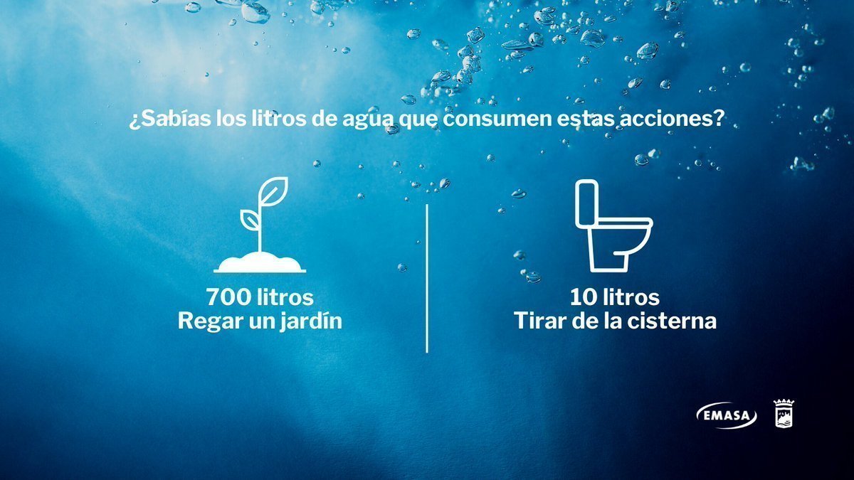 👉 ¿Sabías los litros de agua que consumen estas acciones?

💧700 litros 👉 Regar un jardín
💧10 litros👉 Tirar de la cisterna

Ayuda a proteger nuestro entorno, consume agua de manera responsable.