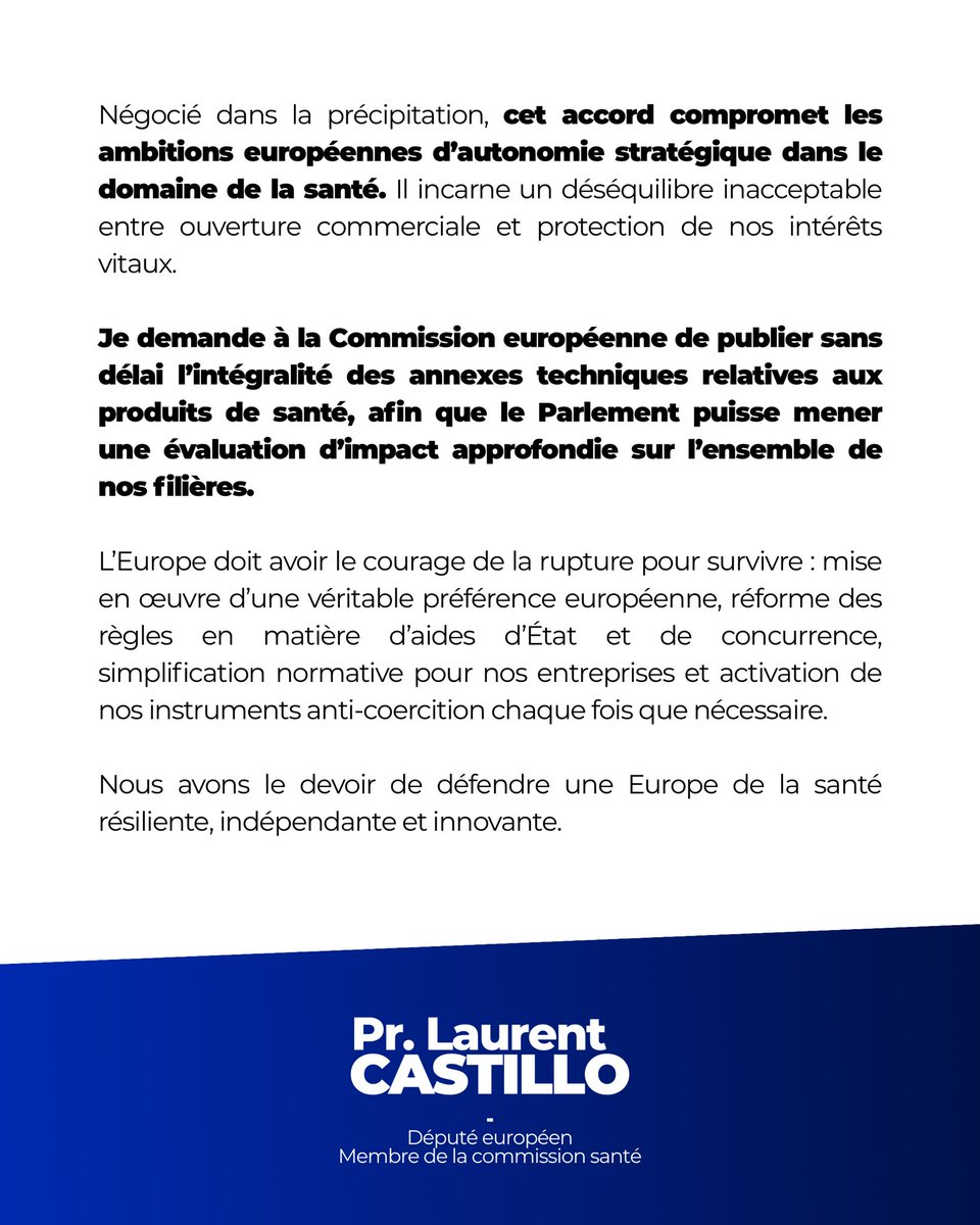 L’accord commercial conclu entre l’UE et les États-Unis est une véritable capitulation. Une fois de plus, Bruxelles négocie à genoux et affaiblit nos nations

Cet accord déséquilibré soulève de sérieuses inquiétudes quant à notre souveraineté sanitaire et industrielle ⤵️