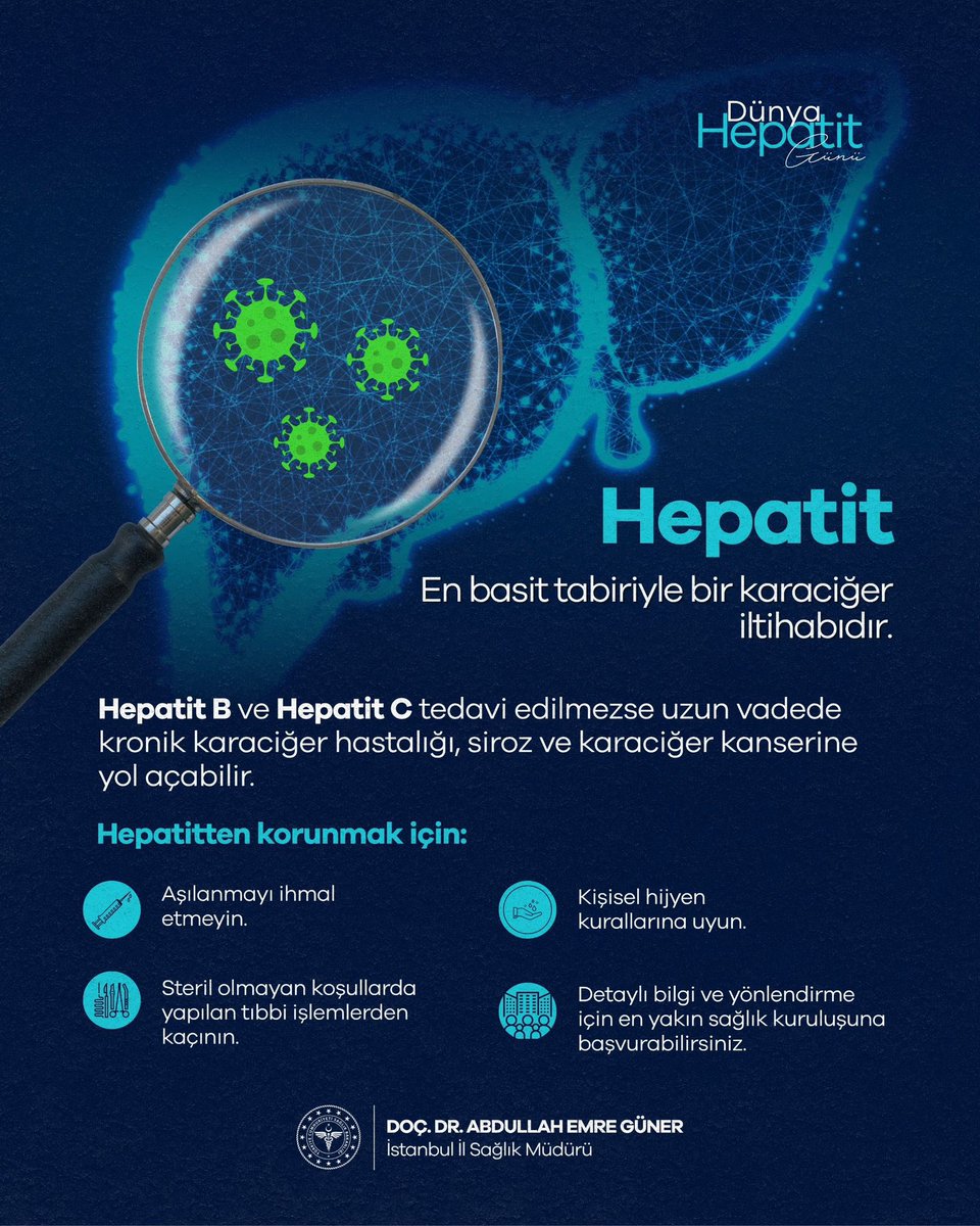 28 Temmuz Dünya Hepatit Günü
Hepatit, tedavi edilmediğinde siroz ve karaciğer kanserine yol açabilen ciddi bir hastalıktır.

🛡️ Aşınızı olun, kişisel hijyen kurallarına uyun, sağlığınızı koruyun.