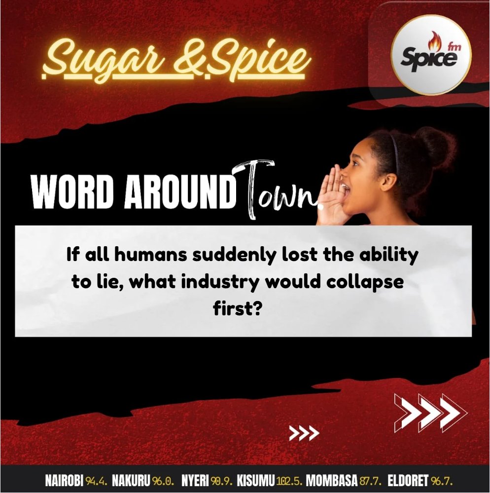 SpiceFMKE's tweet image. Imagine a world where no one can lie not even a little. Which industry collapses first? The truth would shake the very foundations.
#SugarandSpice #SpiceFM #WordAroundTown
Host:@yolandamulwa
Producer:@LinetWambura1
Digital:@RuthMatindi
Listen Live: radio.garden/listen/spice-f…