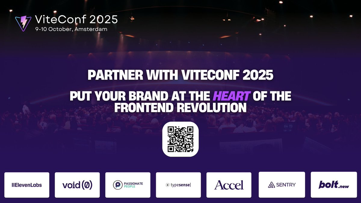 ViteConf (@viteconf) on Twitter photo ViteConf 2025 is 🔥Thanks to our amazing partners:
<a href="/elevenlabsio/">ElevenLabs</a> <a href="/passionpeopleNL/">Passionate People</a> <a href="/voidzerodev/">VoidZero</a> <a href="/typesense/">typesense |</a> <a href="/Accel/">Accel</a> <a href="/getsentry/">Sentry</a> <a href="/boltdotnew/">bolt.new</a>
Want your brand in the spotlight this October? Partner with us and visit viteconf.amsterdam/sponsor
#ViteConf2025 #ViteConf ViteConf 2025 is 🔥Thanks to our amazing partners:
<a href="/elevenlabsio/">ElevenLabs</a> <a href="/passionpeopleNL/">Passionate People</a> <a href="/voidzerodev/">VoidZero</a> <a href="/typesense/">typesense |</a> <a href="/Accel/">Accel</a> <a href="/getsentry/">Sentry</a> <a href="/boltdotnew/">bolt.new</a>
Want your brand in the spotlight this October? Partner with us and visit viteconf.amsterdam/sponsor
#ViteConf2025 #ViteConf