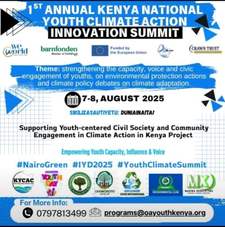 Kenya Youth Climate Advisory Council (@kyca_council) on Twitter photo The 1st Annual Kenya Youth Climate Action Innovation Summit is here — 7–8 Aug 2025
We’re centering youth power in climate action + policy adaptation.
Theme: Strengthening youth capacity, voice & civic action.
Powered by @OAYouthKenya <a href="/KYCA_Council/">Kenya Youth Climate Advisory Council</a>
#NairoGreen The 1st Annual Kenya Youth Climate Action Innovation Summit is here — 7–8 Aug 2025
We’re centering youth power in climate action + policy adaptation.
Theme: Strengthening youth capacity, voice & civic action.
Powered by @OAYouthKenya <a href="/KYCA_Council/">Kenya Youth Climate Advisory Council</a>
#NairoGreen