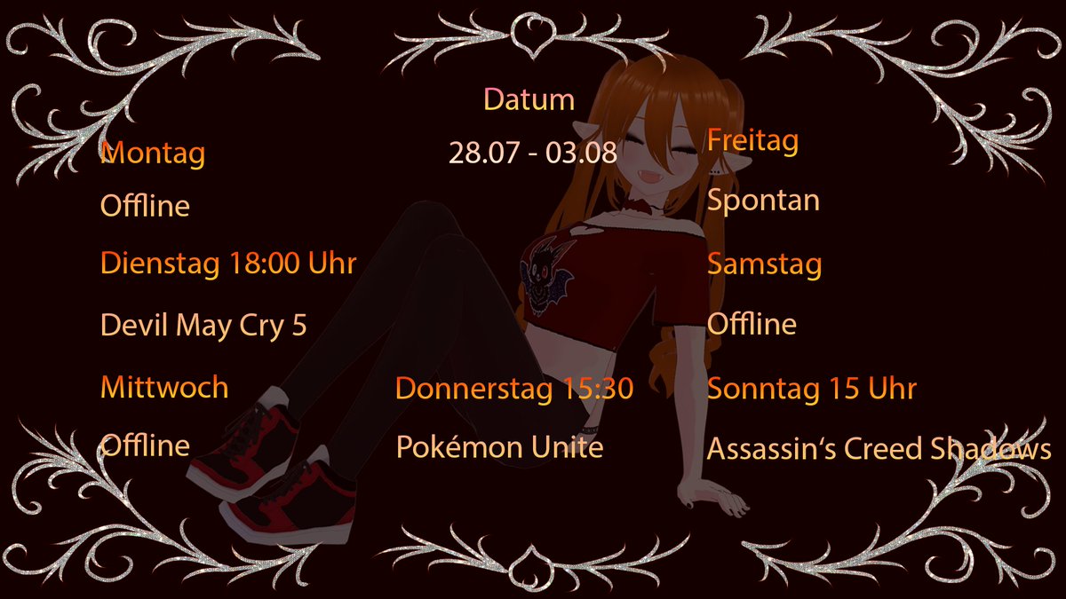 Besser spät als nie, nicht wahr? 
Ich hoffe ihr seid gut in die Woche gestartet!

-&gt; Dienstag beenden wir hoffentlich DMC 5

-&gt; Donnerstag starten wir mit Pokémon nochmal durch!

-&gt; Freitag Spontan!

-&gt; Sonntag geht's ENDLICH in Assassin's Creed Shadows! 

Habt einen schönen Tag!