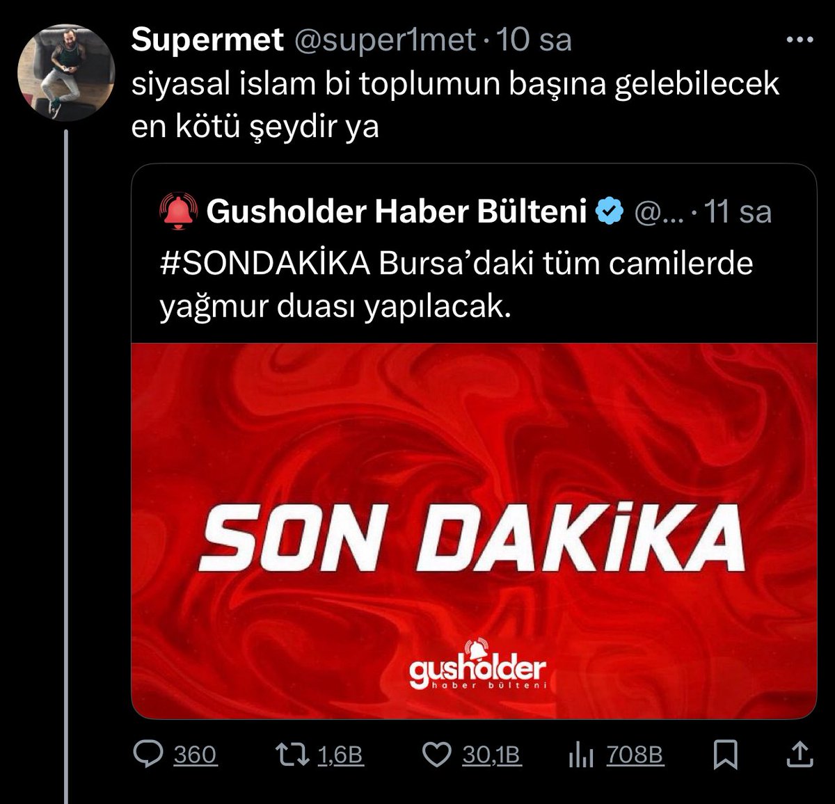 Ercnyldrm1's tweet image. Yağmur duasına siyasal İslam diyen de ona kızanlar da İslam’ı laik-seküler cepheden algılıyor.
İslam, ekonomiden hukuka, eğitimden siyasal alana, gündeliğe… hayatın tümünü belirler.
Aldığımız nefesten ve kararlardan ettiğimiz sözlere kadar her ânımızın İslam’a uygun olup…