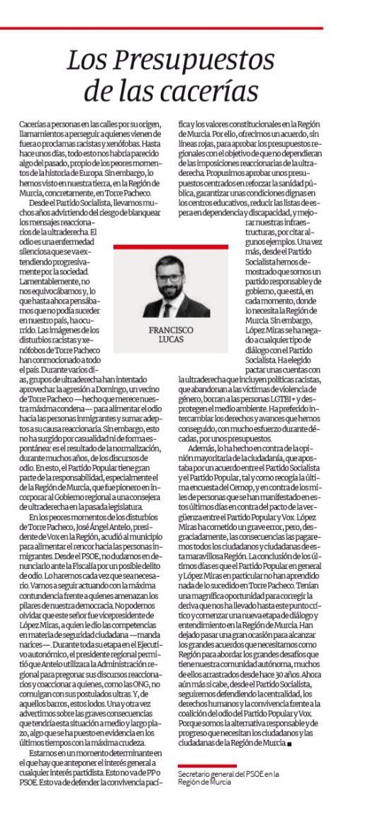 Lucassayala's tweet image. López Miras ha elegido el odio, a pesar de tener una alternativa y de haber visto ya sus peores consecuencias en Torre Pacheco.

Desde el @PSOE_RM, seguiremos defendiendo el interés general, la centralidad y la convivencia.

📰 acortar.link/9aVqaH