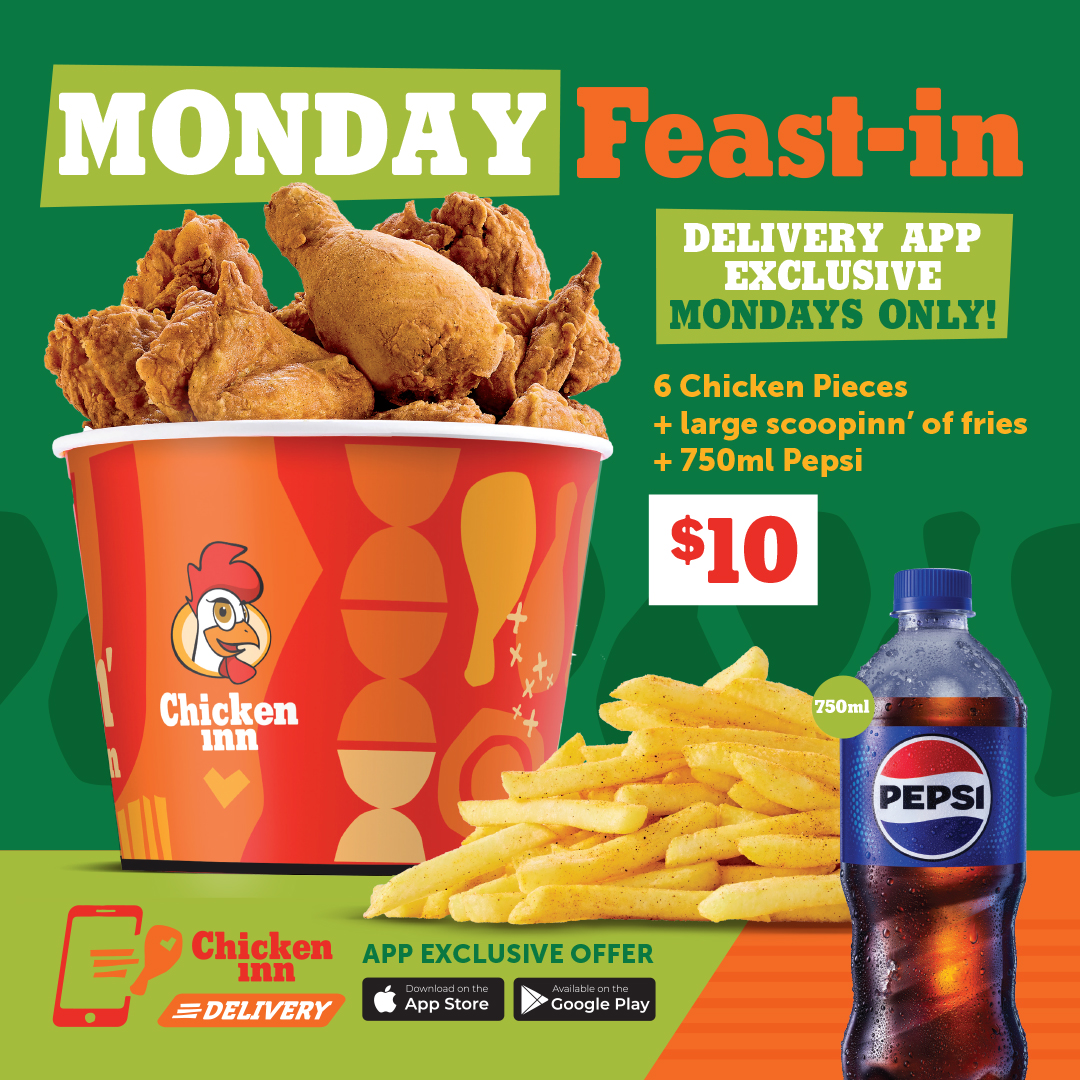 ChickenInnZW's tweet photo. Warm up with our Monday Feast-In — 6 chicken pieces, a large scoopinn’ of fries & a 750ml Pepsi for just $10.
Only available via the Chicken Inn or Dial A Delivery App — Mondays only!
Order In!
#MondayFeastIn #ChickenInnDelivery #ColdWeatherCravings #AppExclusive https://t.co/Jt3ZYcfKuw