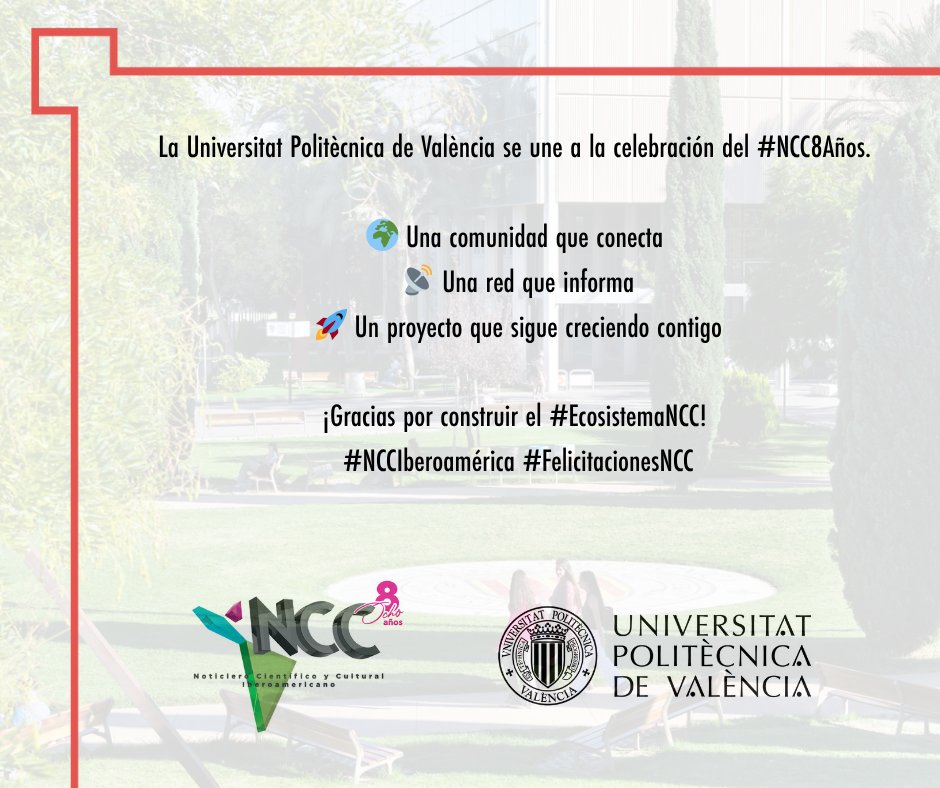 Universitat Politècnica de València (@upv) on Twitter photo 🎉 ¡<a href="/NCCIberoamerica/">Noticiero Científico y Cultural Iberoamericano</a> cumple 8 años!
Desde 2017, conecta Iberoamérica con la ciencia, la tecnología y la cultura, en 3 idiomas y +20 países.
📡¡Gracias por ser parte de esta comunidad!
#NCC #AniversarioNCC #ATEI 🎉 ¡<a href="/NCCIberoamerica/">Noticiero Científico y Cultural Iberoamericano</a> cumple 8 años!
Desde 2017, conecta Iberoamérica con la ciencia, la tecnología y la cultura, en 3 idiomas y +20 países.
📡¡Gracias por ser parte de esta comunidad!
#NCC #AniversarioNCC #ATEI